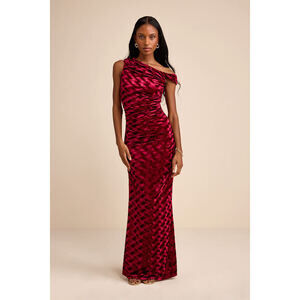 Lulus Renisa Dark Red Velvet Chevron Asymmetrical Maxi Dress - Size M